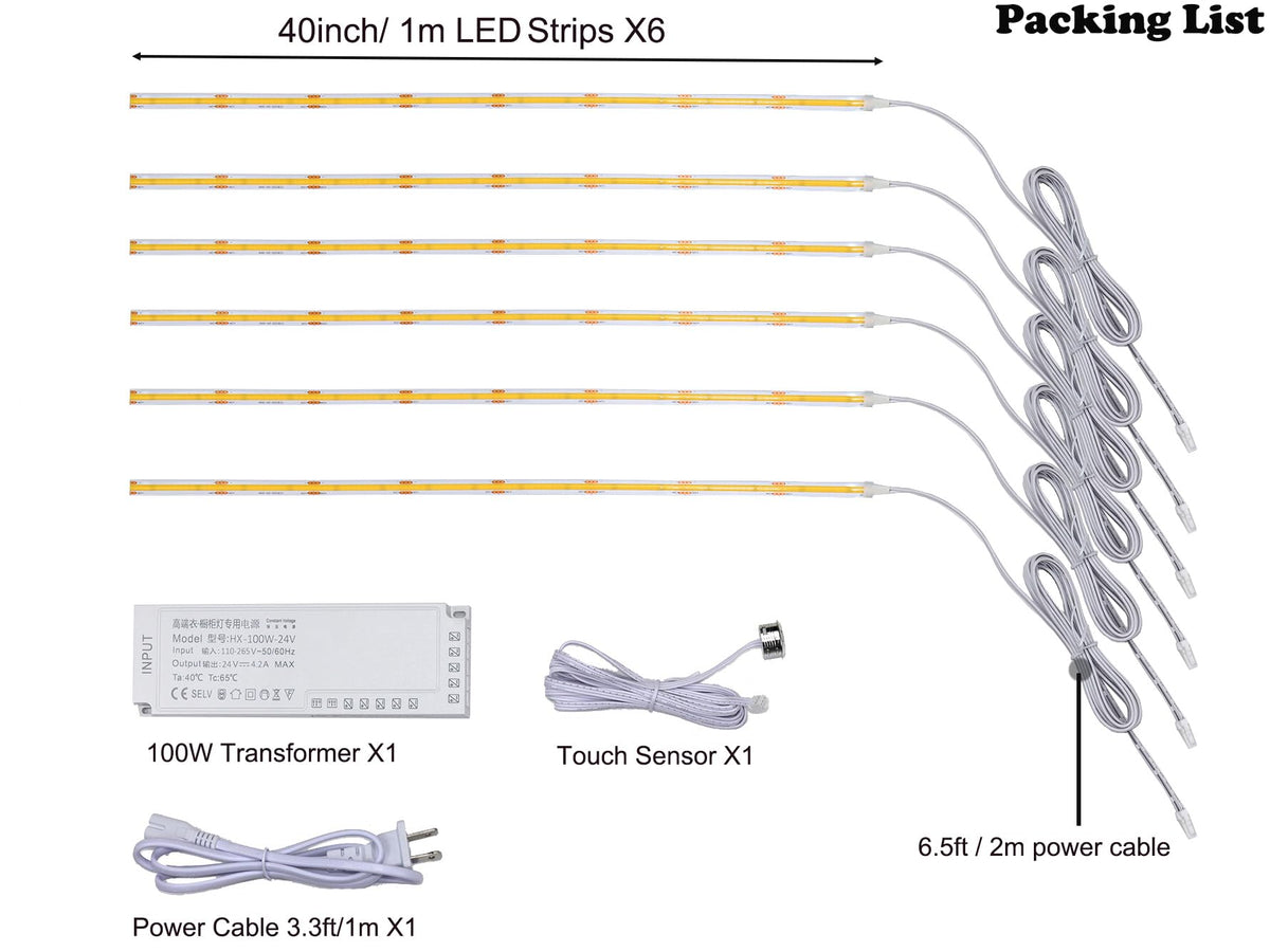 40 inch Under Cabinet Lights, 6 Pack Bright Closet Under Counter Lights, Wardrobe, Hallway,Stairs with Transformer