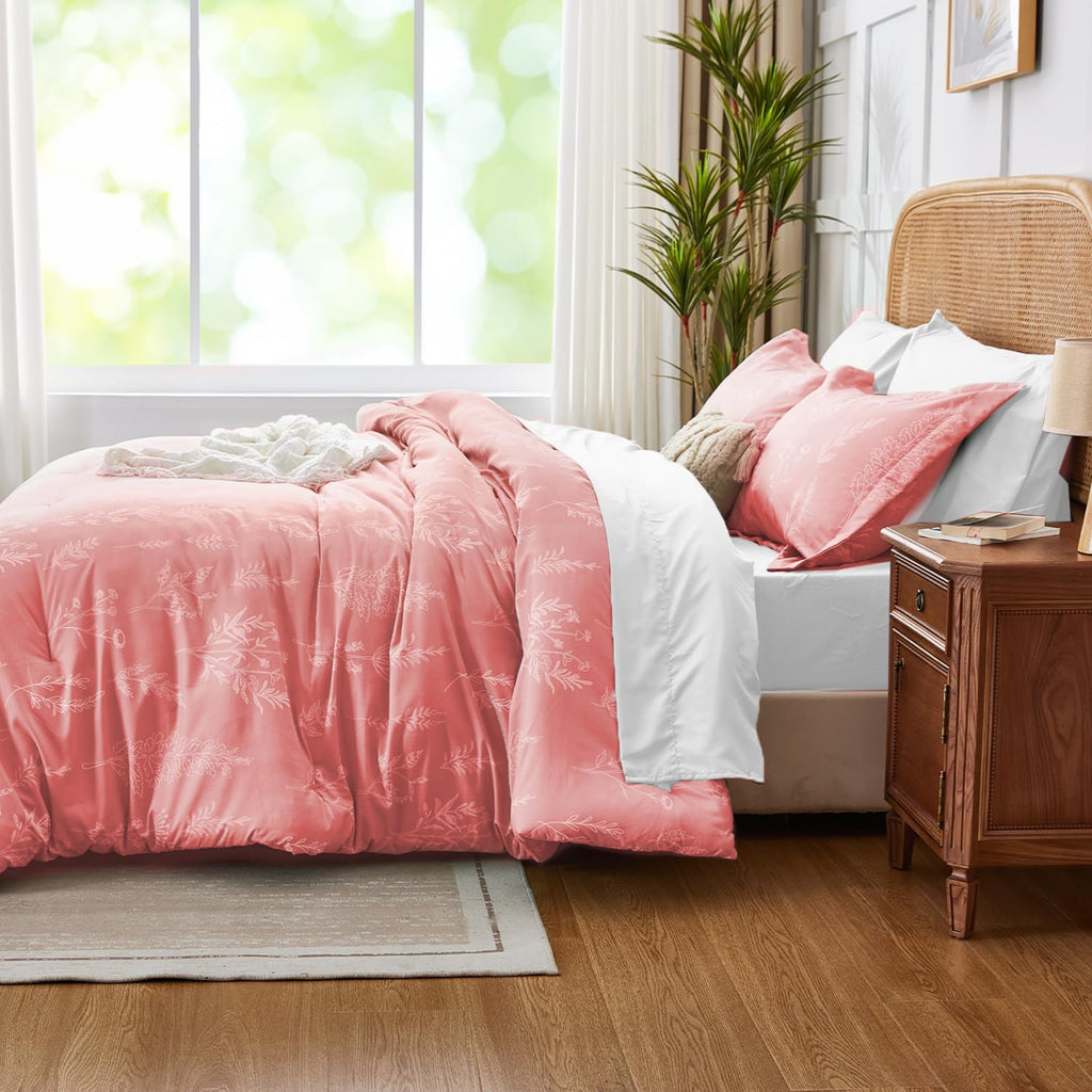 Floral Comforter Set Full Pink, Cute Flower Bed in a Bag Full Boho 7 Pieces, Soft Fluffy Bedding Sets with Comforter