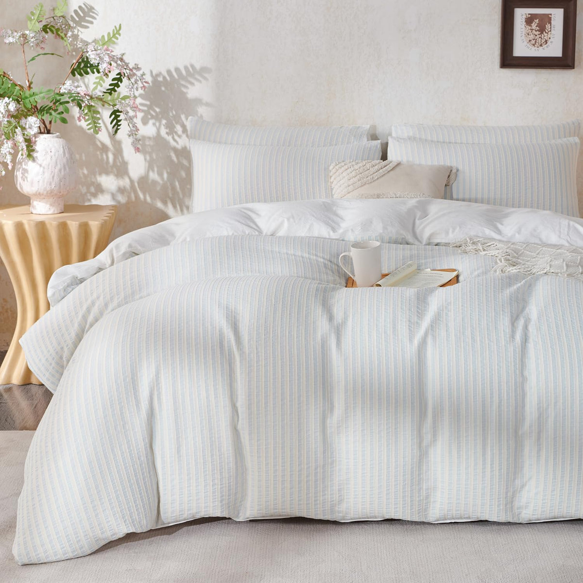 Comforter Set Light Blue Striped Soft Luxury Washed Cotton Jacquard 3 Pieces Bedding, Light Blue Vertical