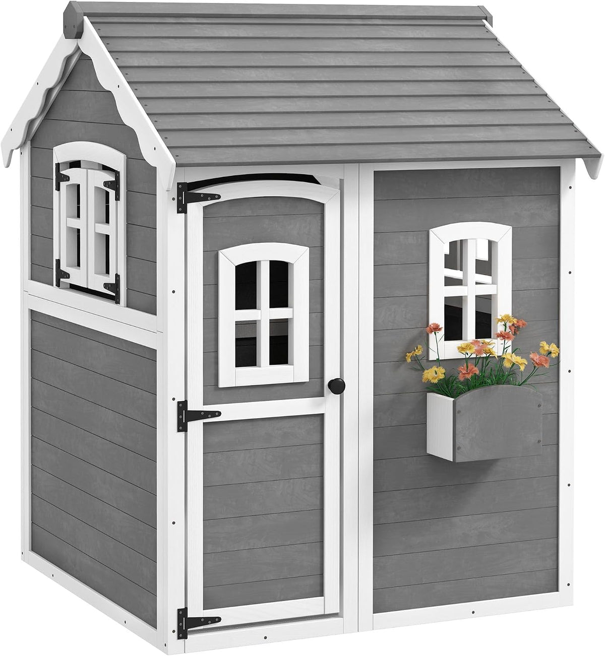 50x50x72in Kids' Outdoor Wooden Playhouse Includes Two Doors Two Windows Safety Floor PlanterBox for Children Ages 3
