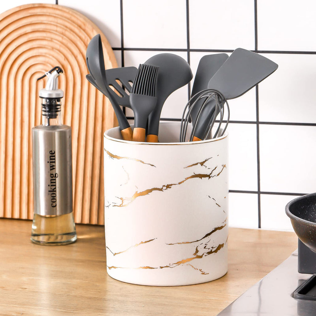 7" Marble Utensil Holder, Large Kitchen Utensil Holder Organizer, Golden Marble White Stable Utensil Crock Spatula