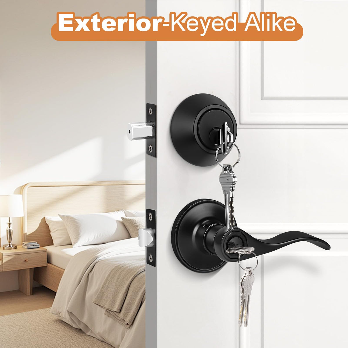 Front Door Entry Lever Lockset, Single Cylinder Deadbolt Combination Set, Flat Black Finish Keyed Alike Combo