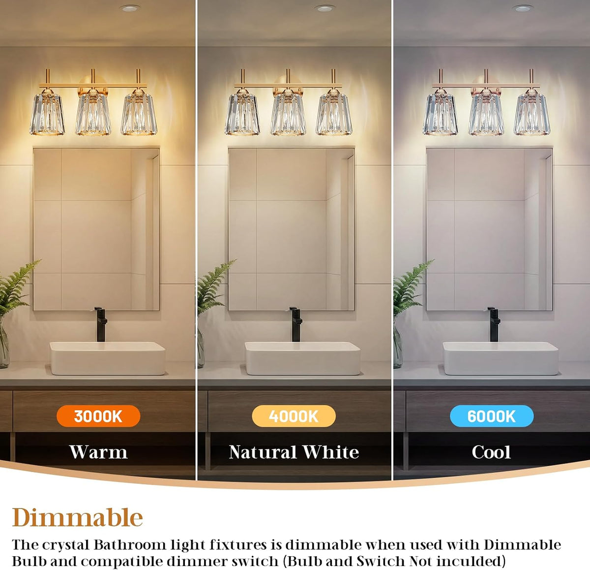 Crystal Bathroom Light Fixtures Over Mirror, Gold 3-Light Bathroom Vanity Lights Over Mirror Modern Wall Lighting