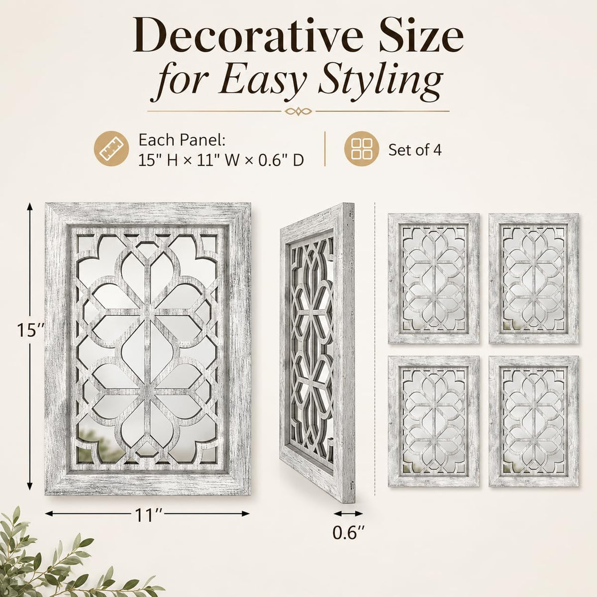 Set of 4 11x15 Inch Rectangular Shatterproof Grey Decorative Wall Mirrors, Boho Farmhouse Rustic Vintage Accent