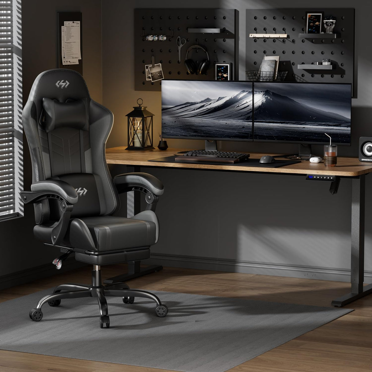 High Back Gaming Chair, USB Massage Lumbar Support, Black&Grey