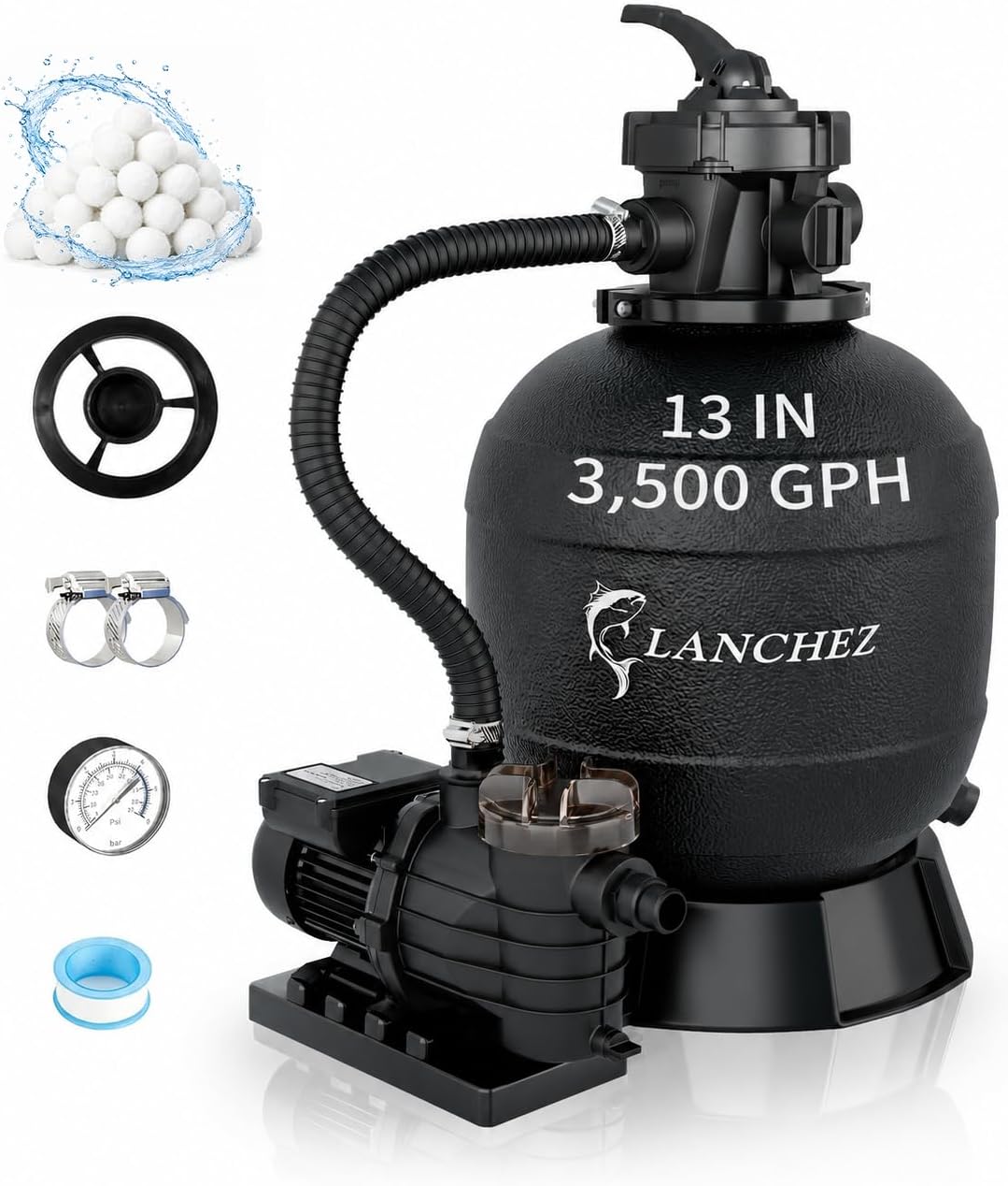 Sand Filter Pump 13" 3/4HP for Above Ground Pool, 3500GPH Pool Pumps Above Ground, Pool Sand Filter with 7-Way Valve