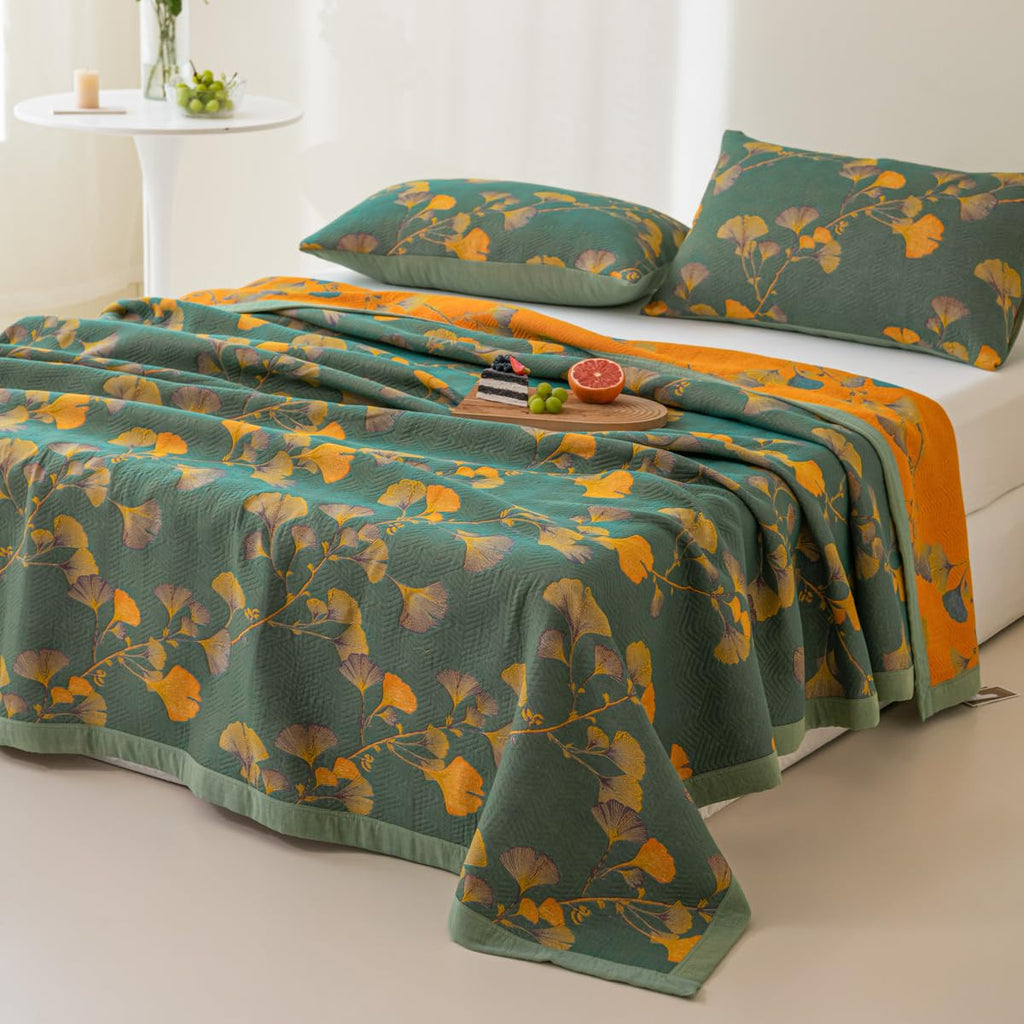 100% Cotton Jacquard Quilt Floral Ginkgo Leaves Print, Soft Muslin Bed Cover 3 Layers Reversible Bedspread Coverlet