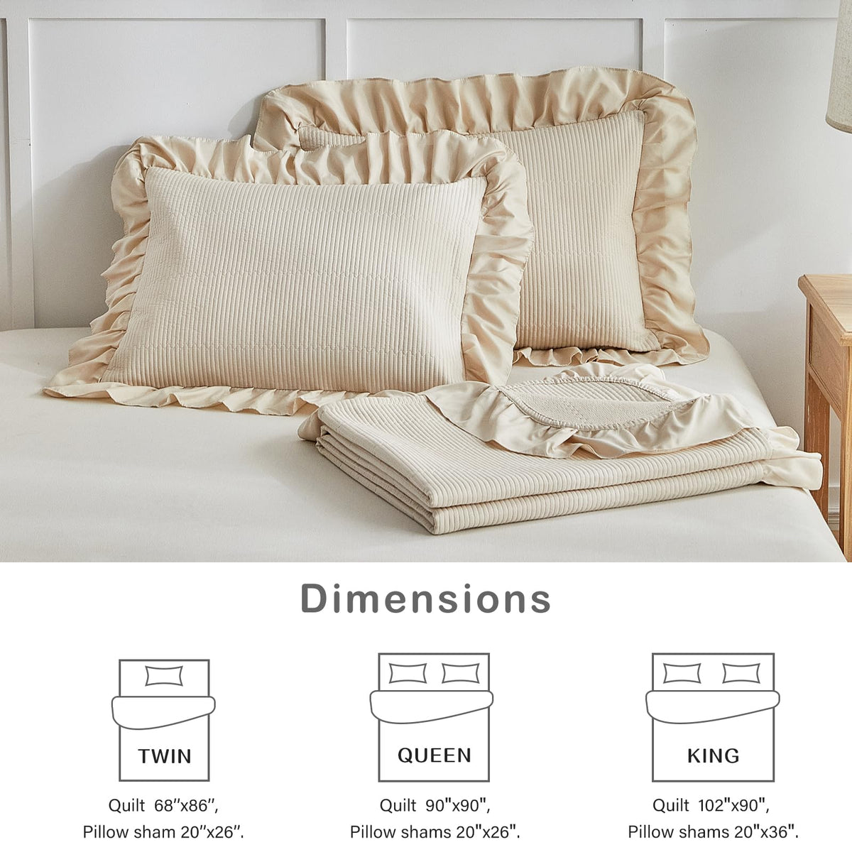 Beige Ruffle Quilt Set, 3 Pieces Shabby Chic Farmhouse Striped Bedspread Coverlet Set, Solid Lightweight