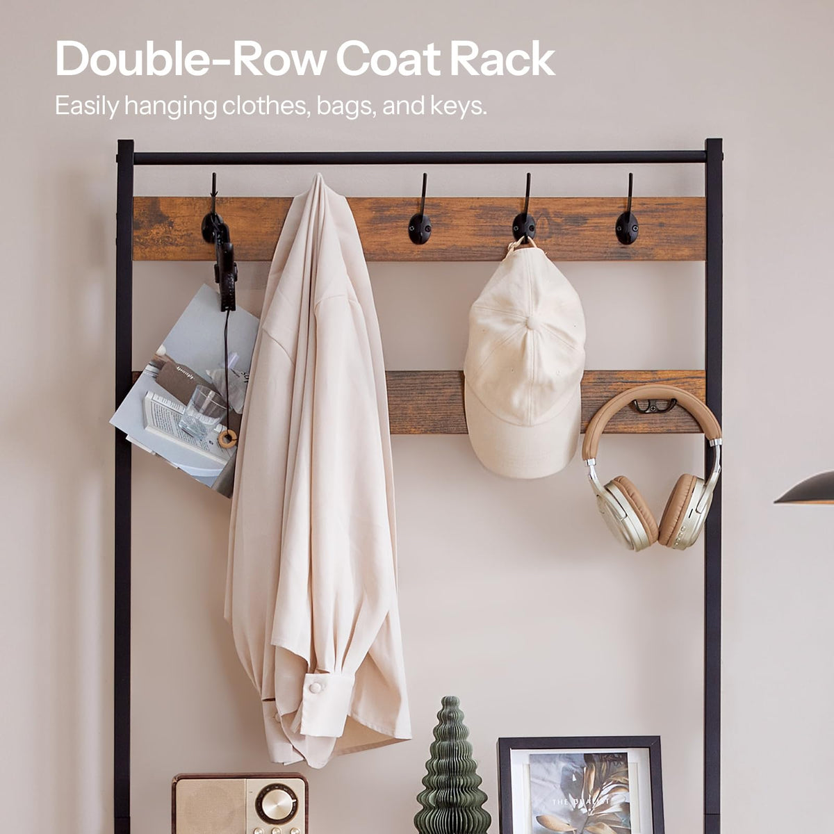 Hall Tree with Bench, Narrow Shoe Rack with Coat Rack, Coat Rack with Shoe Storage, 5 Tier Slanted Shoe Storage