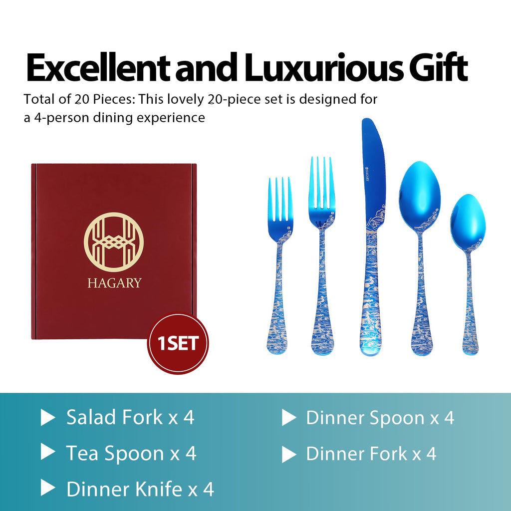 Wave Cutlery Set 20 Pieces Stainless Steel Flatware Set (All Blue)
