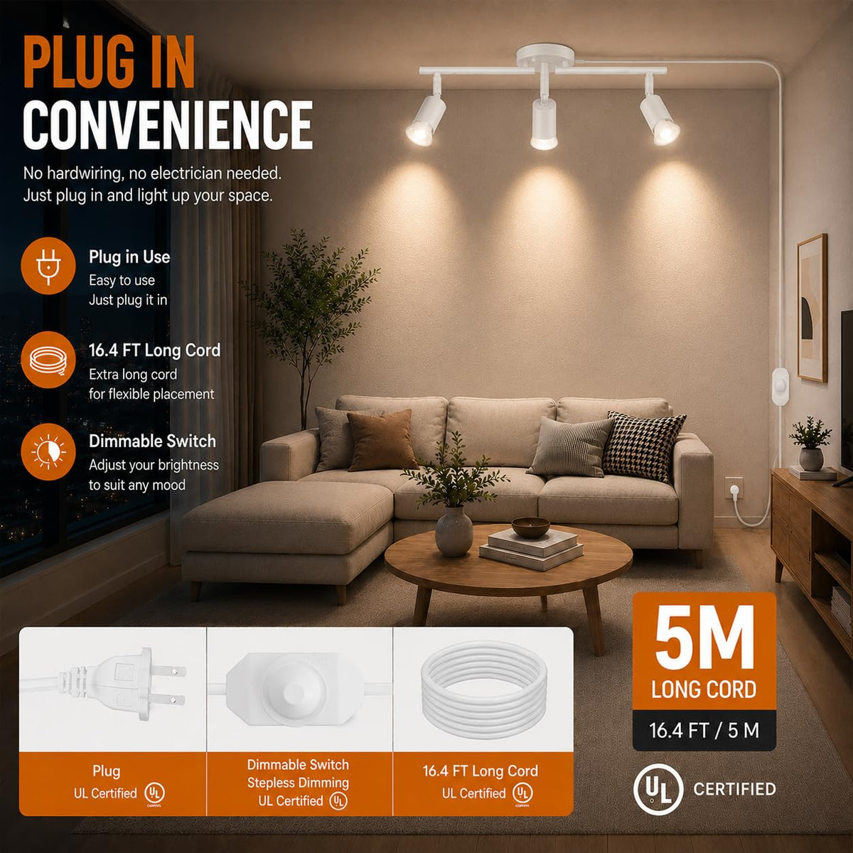 Dimmable Plug in Track Lighting,Plug in Ceiling Light Fixture,White 3 Light Track Light with 16.4' Long Cord,Dimming