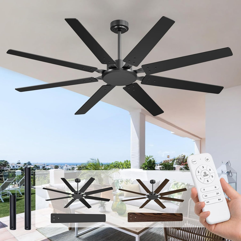 72 Inch Outdoor Ceiling Fan No Light with Remote, Black