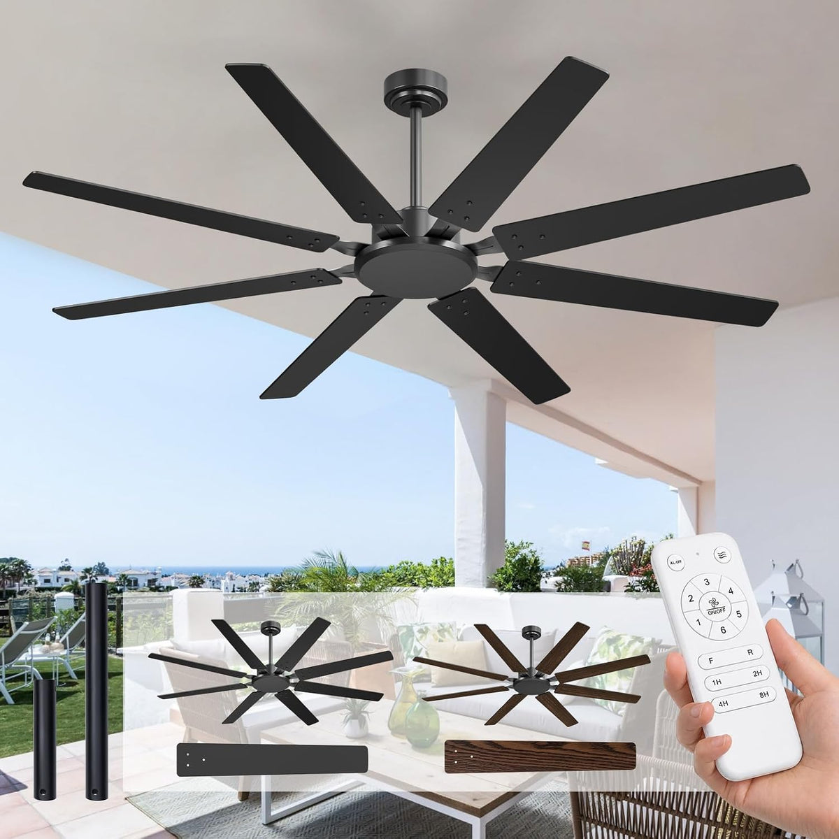 72 Inch Outdoor Ceiling Fan No Light with Remote, Black