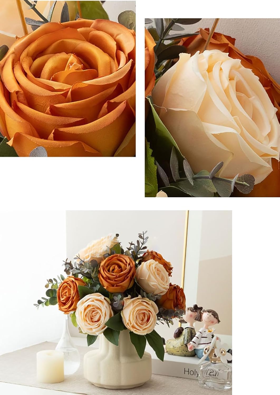 Silk Roses Artificial Flowers in Vase, Fake Flowers with Vase, Faux Flower Arrangement with Vase Decoration, Dining