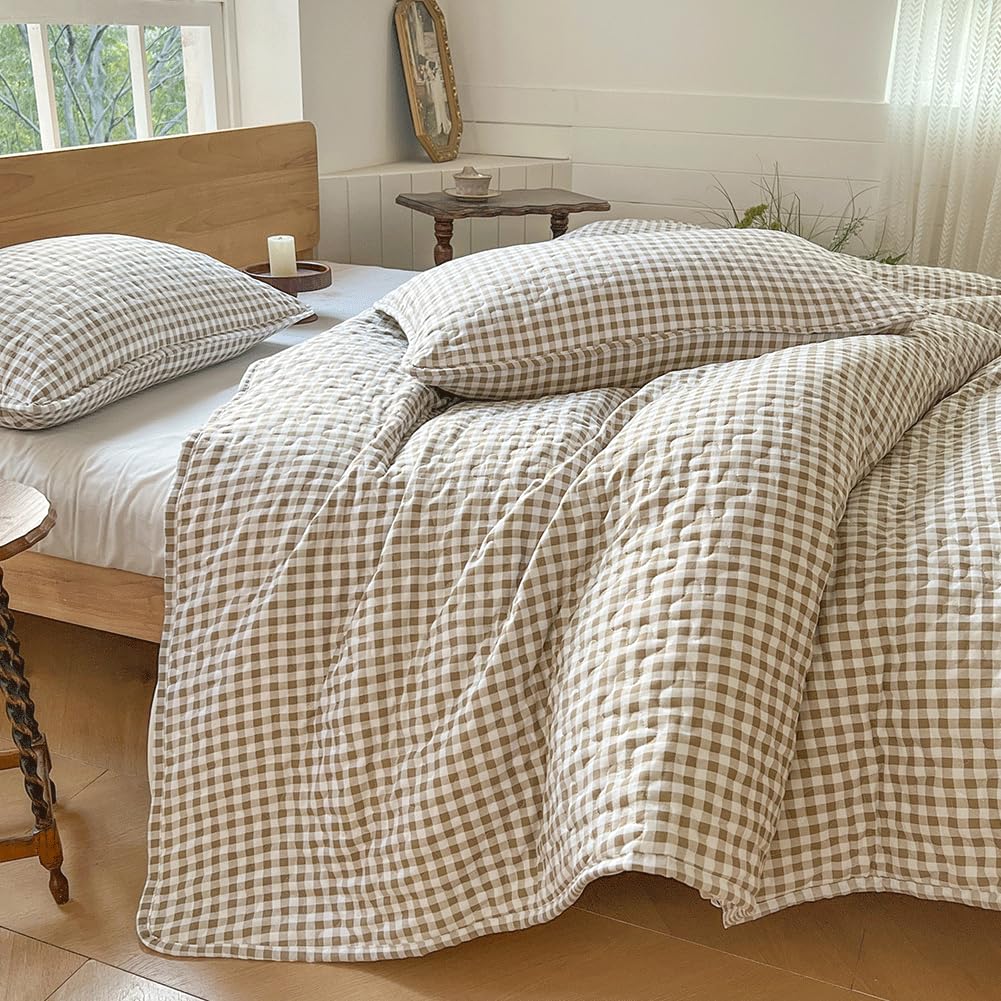 Tan Gingham Summer Bedspread Quilt Set