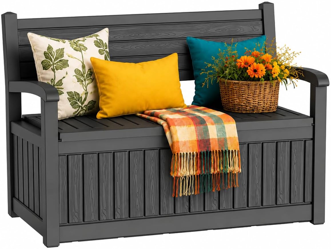 Outdoor Bench, Waterproof Garden Storage Bench, 100 Gallon Deck Box | Lockable Resin Bench Seating Weatherproof