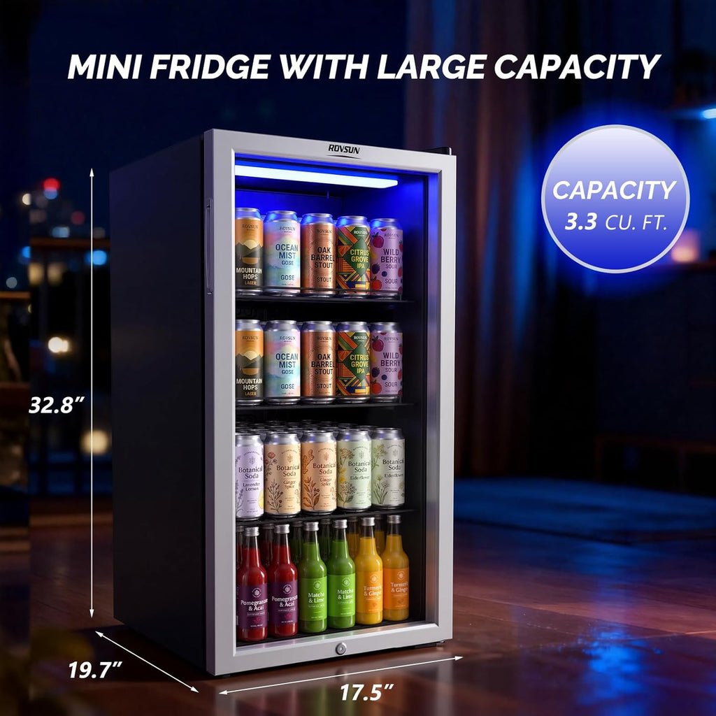 3.3 Cu.Ft. Beverage Refrigerator Cooler with Double Layer Glass Door & Adjustable Shelf