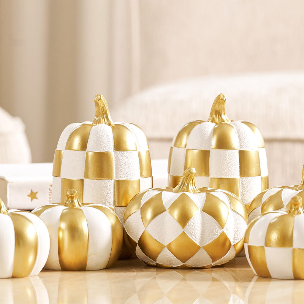7PCS Fall Pumpkin Decor, Checkered Pumpkin Decoration