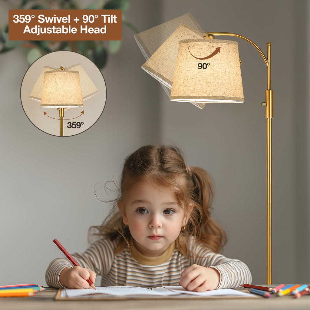 Golden Floor Lamp with Table, Dimmable Standing Lamp, Living Room