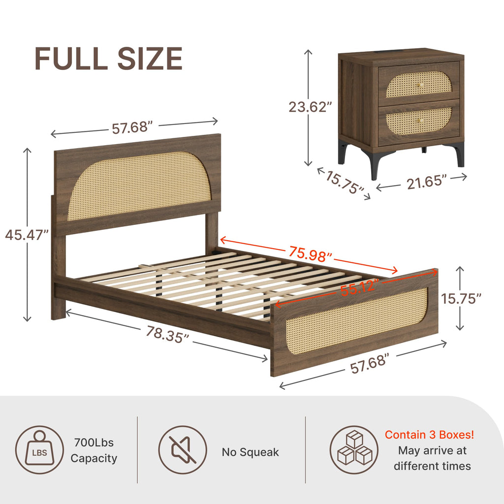 Boho Rattan Bed Frame, Farmhouse Platform, Walnut