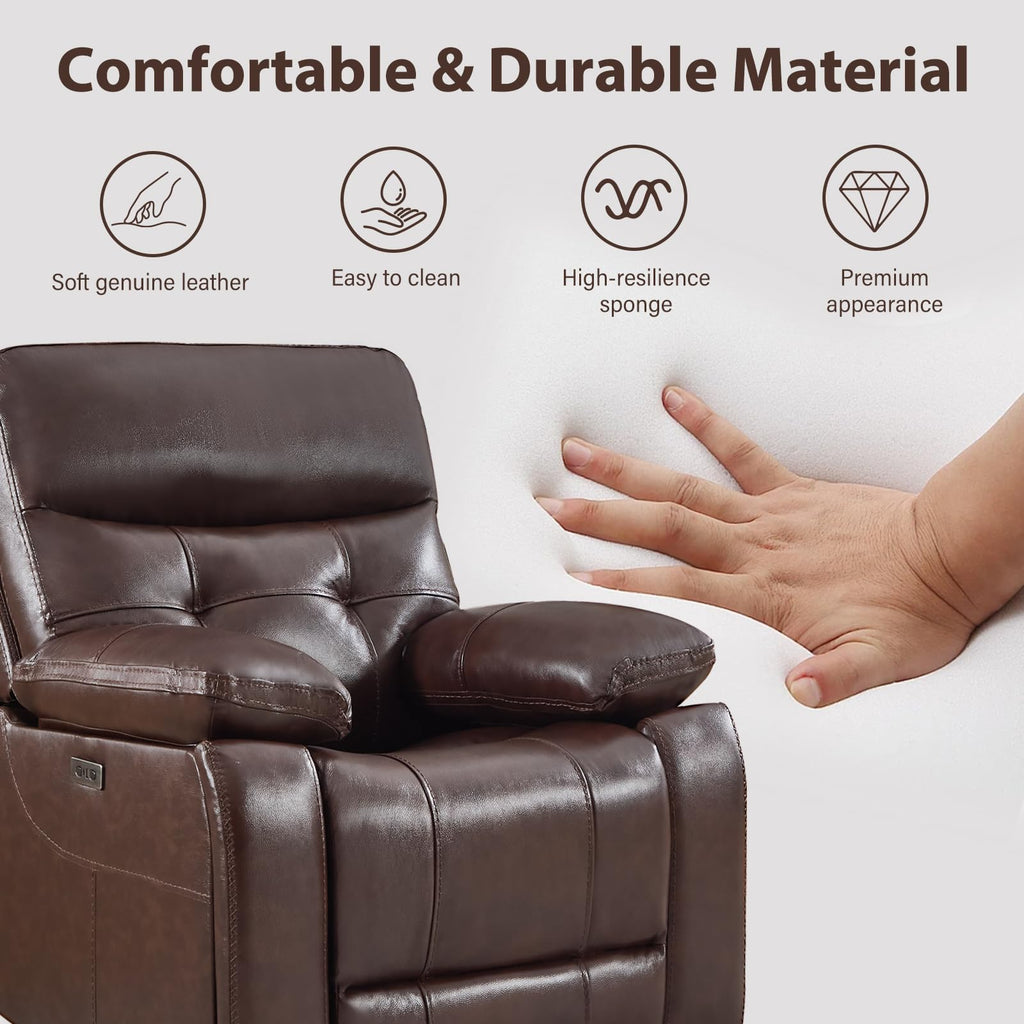 Genuine Leather Power Recliner Sofa, 3 Seater Reclining Sofa with Comfortable Arms and Back, Modern Electric Recliner