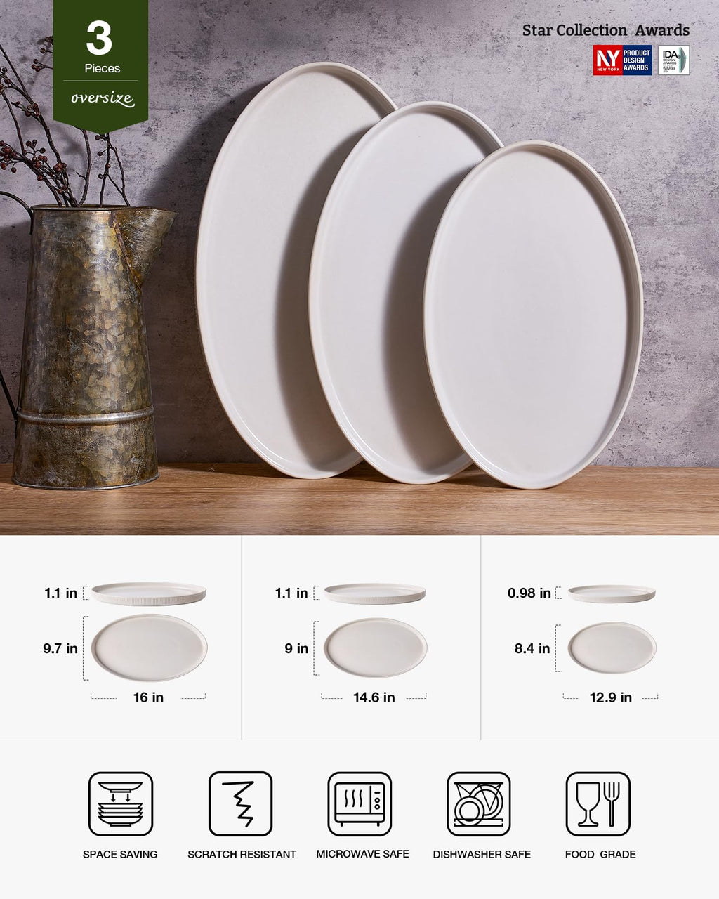 Large Serving Platters Set of 3 Sizes - Oval, Matte White