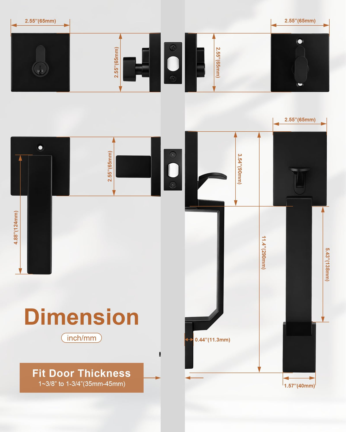 Front Door Handle and Deadbolt Set, Matte Black Front Door Lock Set, Square Exterior Door Handle and Single Cylinder