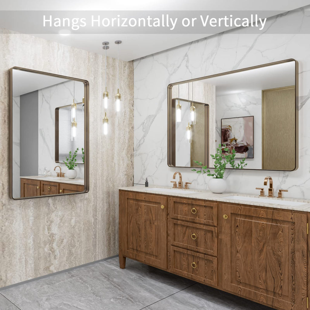 40"X30" Bronze Bathroom Mirrors for Vanity, Rounded Rectangle Brushed Bronze Metal Frame Mirror, Anti-Rust, Tempered