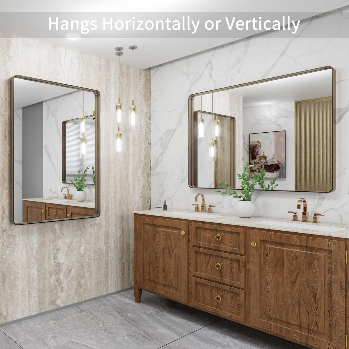 40"X30" Bronze Bathroom Mirrors for Vanity, Rounded Rectangle Brushed Bronze Metal Frame Mirror, Anti-Rust, Tempered