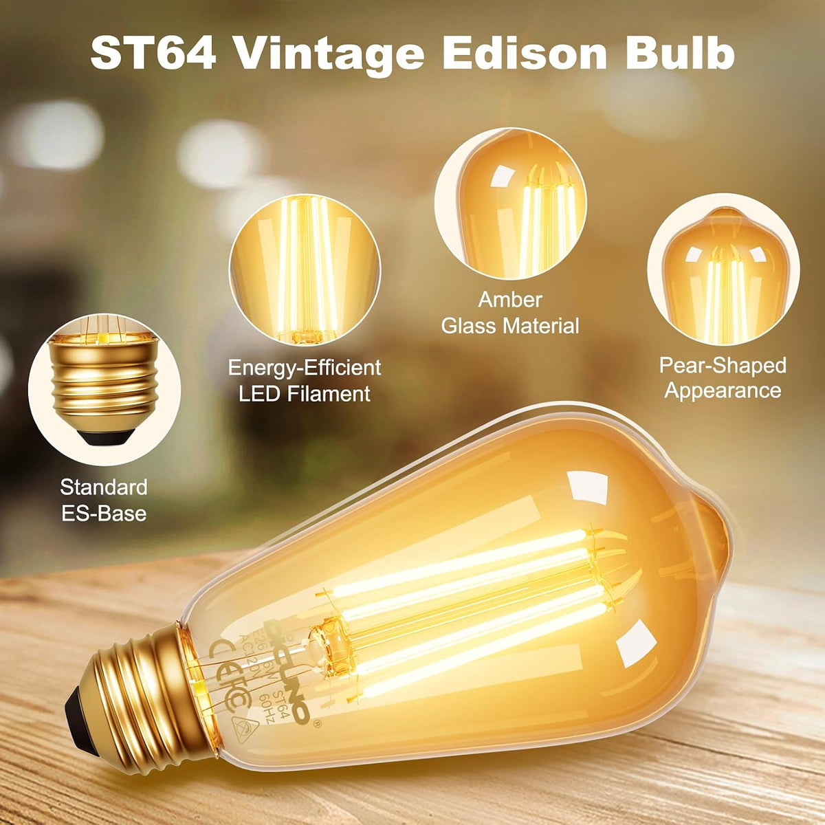 E26 Edison Bulbs 60W, 2200K Amber Warm, Amber Glass, 600LM, 6-Pack