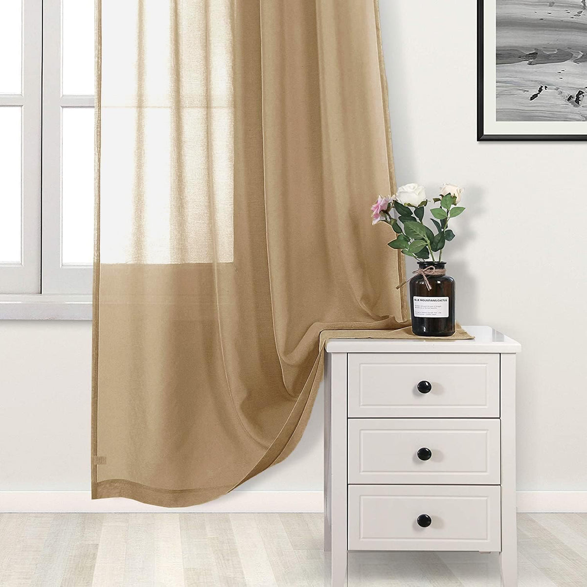 Short Sheer Curtains, Faux Linen Voile Semi Sheer 45 Inches Long Grommet Top Window Curtains Drapes Treatment Bedroom