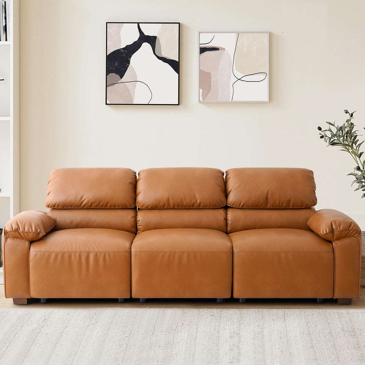 95" Faux Leather Couch, Mid Century Modern 3 Seater Sofa Couch, Brown