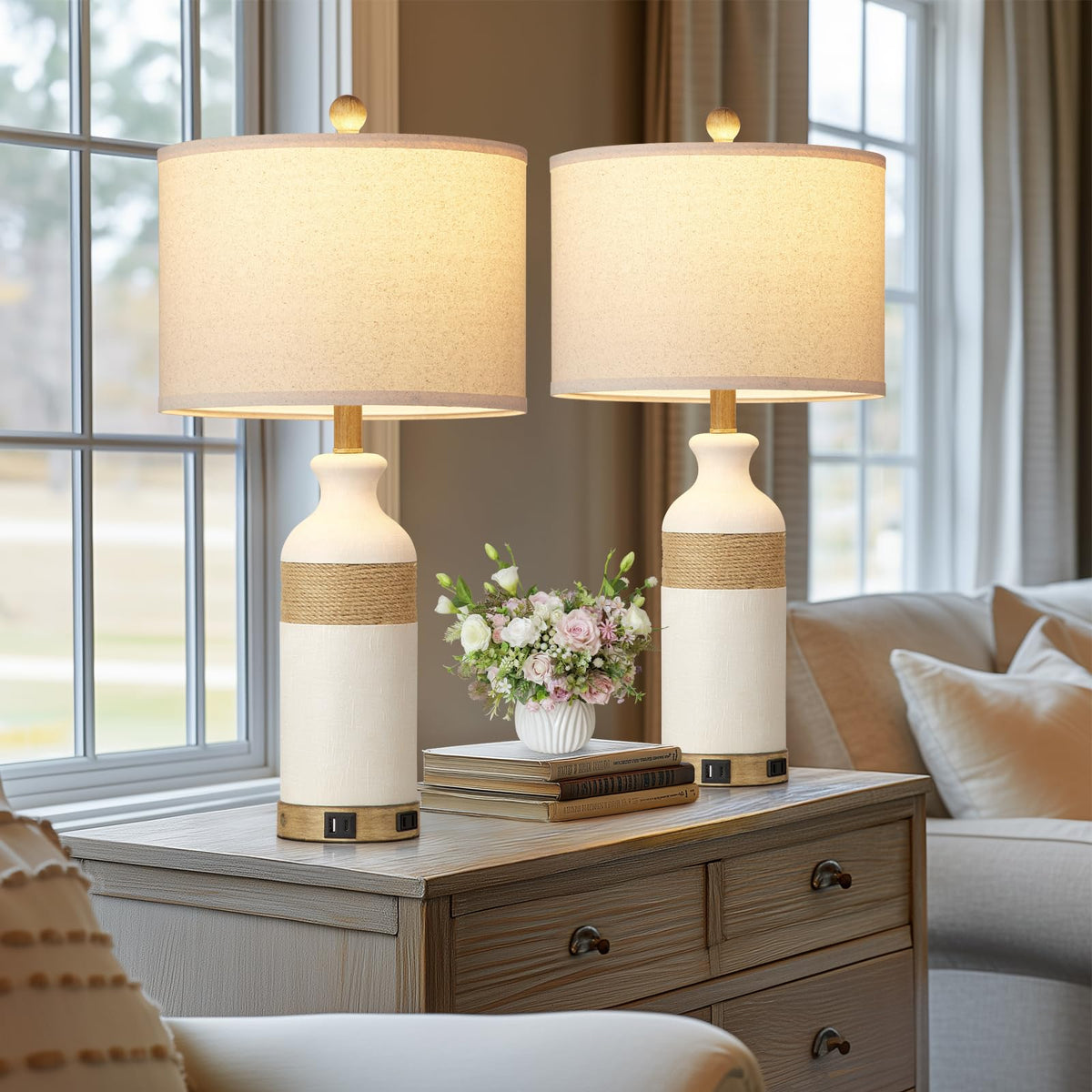 Boho Rattan Table Lamps Nightstand 26" Farmhouse Bedside lamp Set of 2 with USB C+A Ports & AC Outlet, 3-Way Dimmable