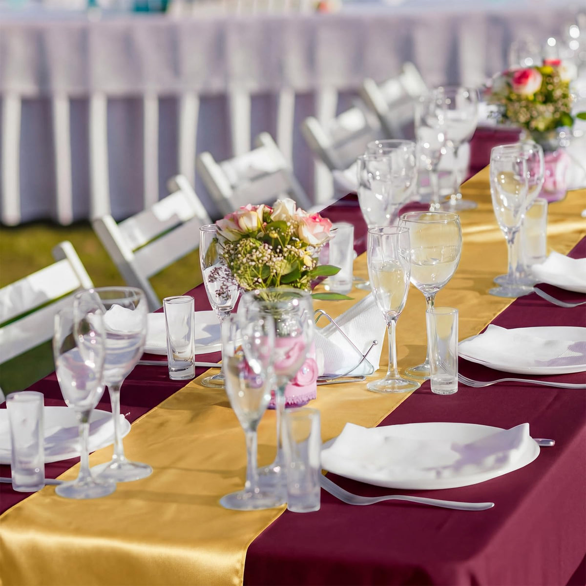 16 Pack Burgundy and Gold Tablecloths and Satin Runners Set