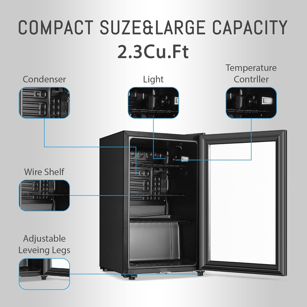 Beverage Refrigerator, 2.3 Cu.Ft, Mini Fridge with Glass Door for Soda Beer, Freestanding Beverage Cooler for Office
