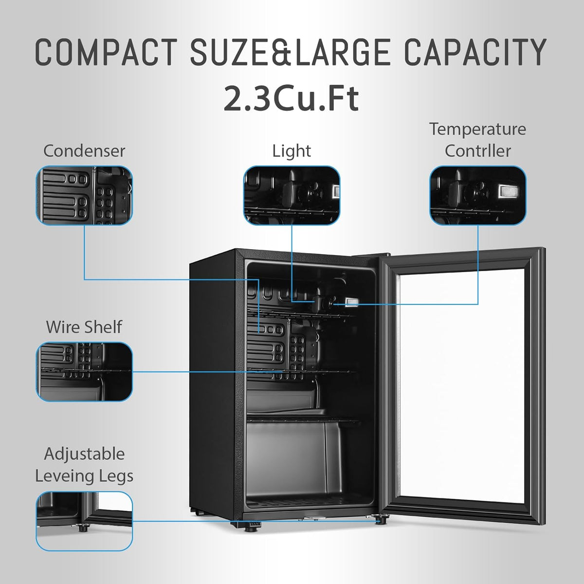 Beverage Refrigerator, 2.3 Cu.Ft, Mini Fridge with Glass Door for Soda Beer, Freestanding Beverage Cooler for Office