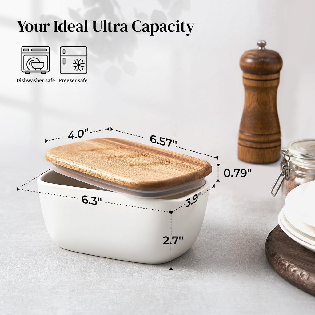 6.5" Large Butter Dish - Ceramic Butter Dish with Lid for Countertop - White Butter Keeper Holds Up to 3 Sticks