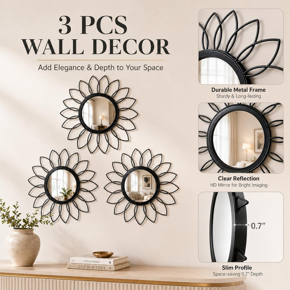 Black Flower Mirror Set of 3, 3PCS Metal Round Decorative Wall Mirrors, Floral Petal Accent Mirror Wall Decor