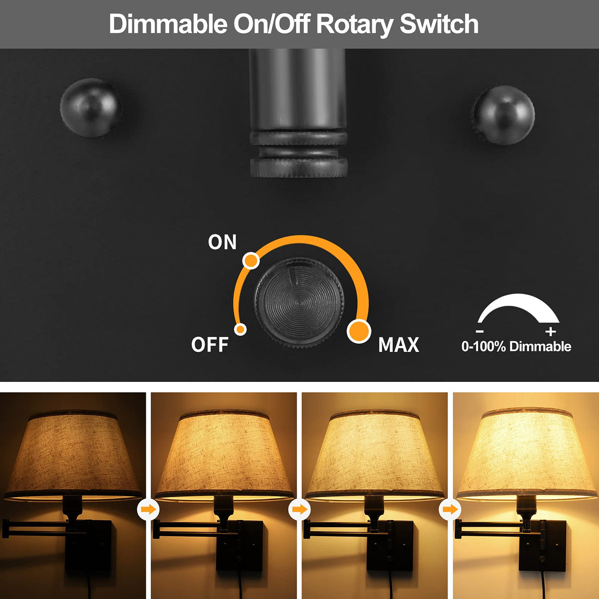 Dimmable Wall Sconce Plug in, Wall Sconces Set of Two Swing Arm Wall Lights with Plug in Cord and On/Off Dimmer
