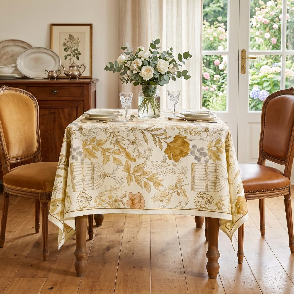 Designer French Farmhouse Fall Tablecloth, Rectangular, 110"x63"