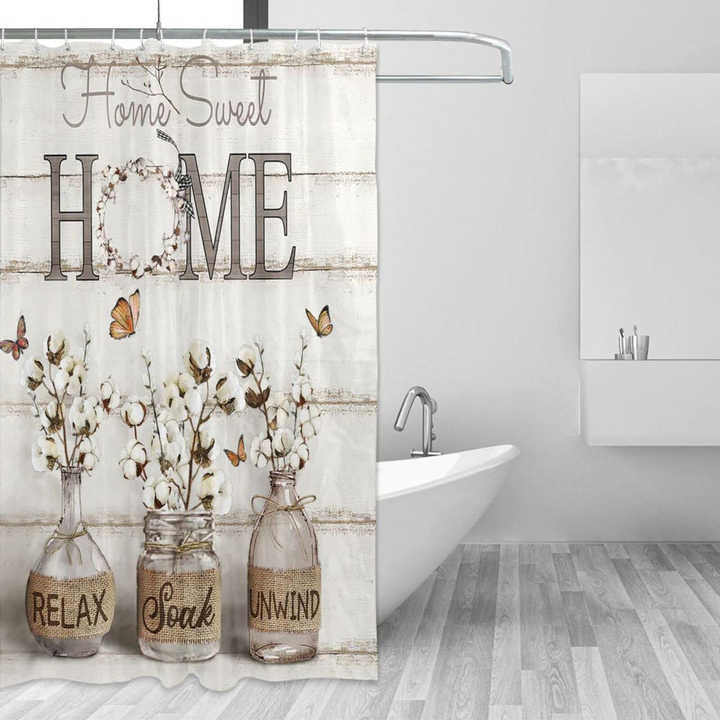 Farmhouse Cotton Flowers Shower Curtains for Neutral Country Bathroom Decor Rustic Set Waterproof Polyester Fabric 60