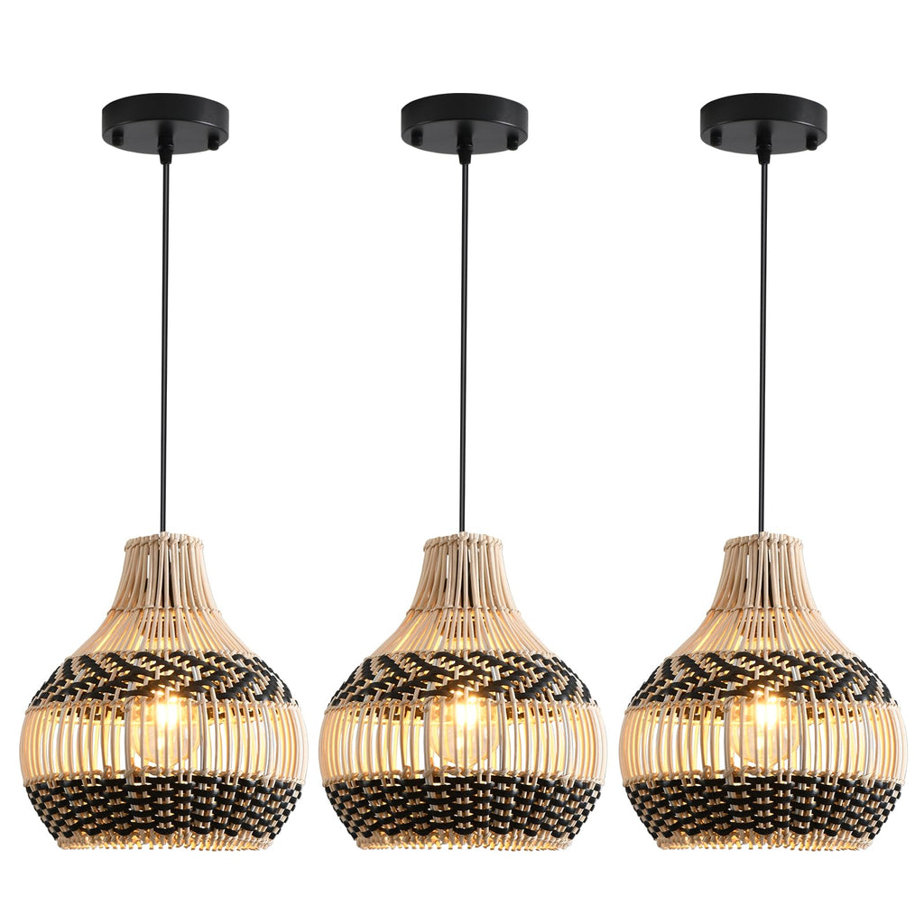 3-Pack Rattan Pendant Light Mini Hand-Woven Black White Rattan Chandelier