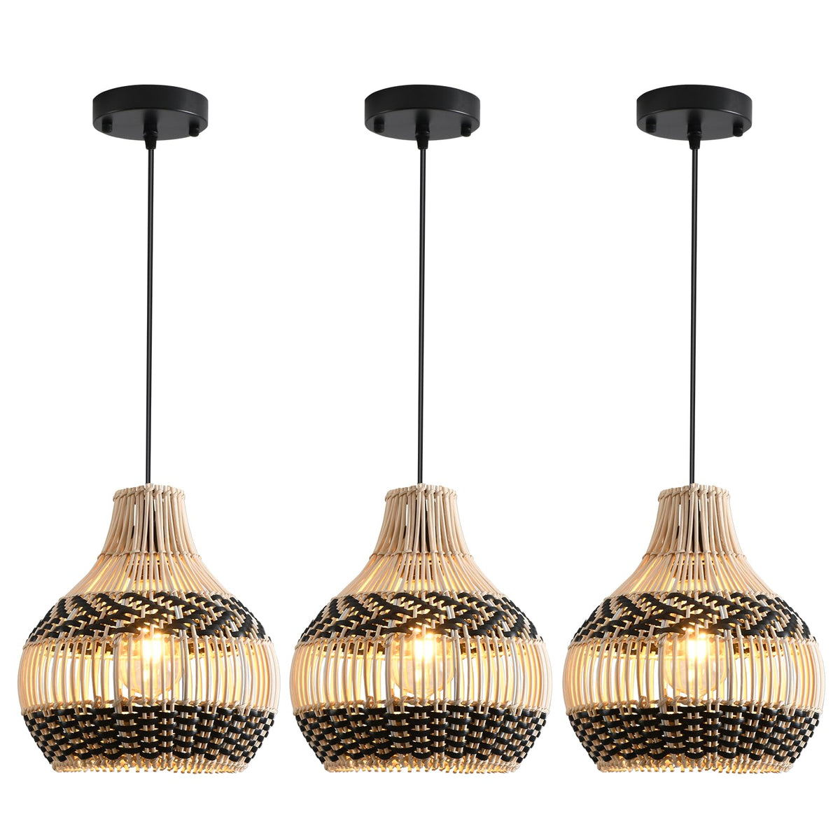 3-Pack Rattan Pendant Light Mini Hand-Woven Black White Rattan Chandelier