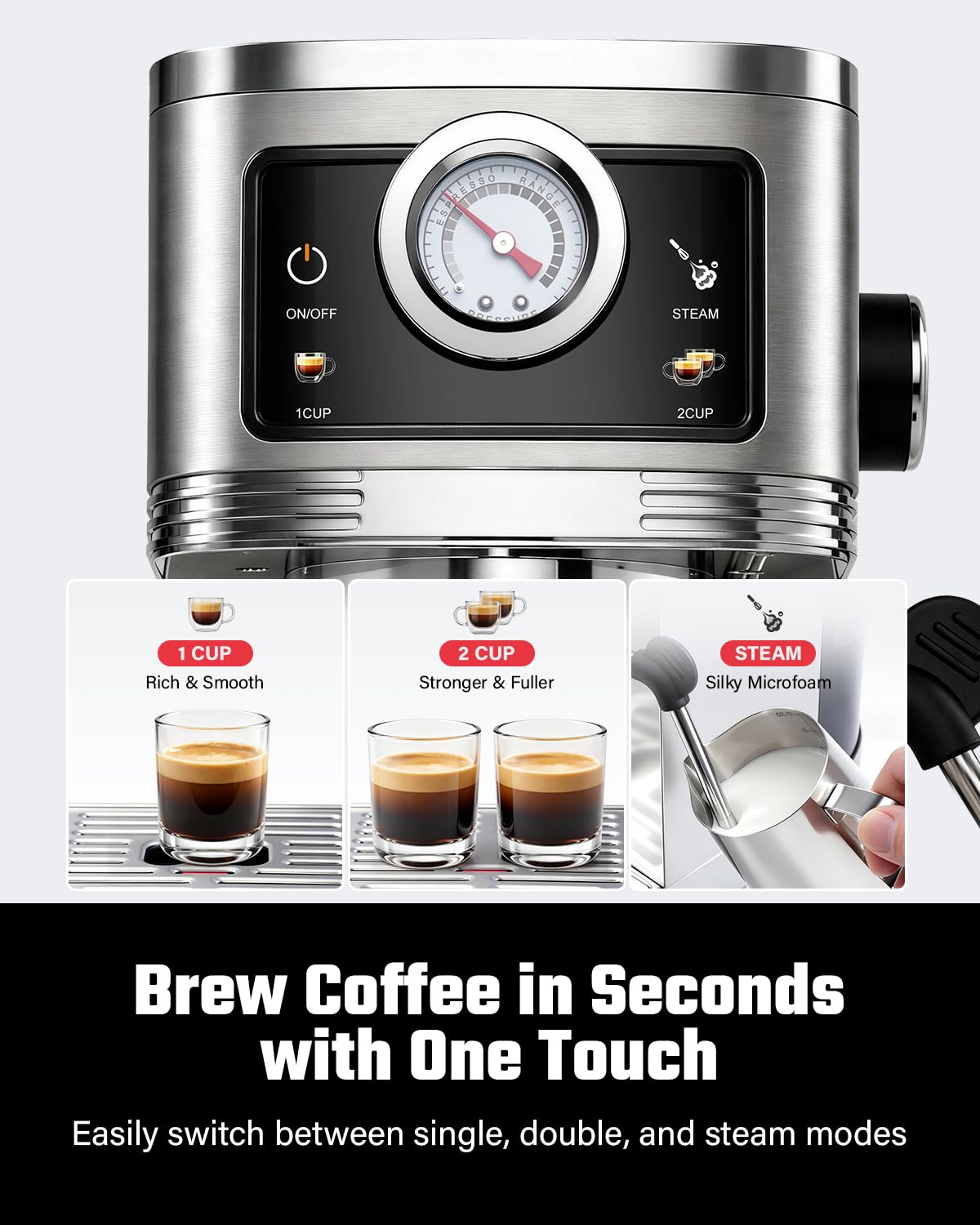Espresso Coffee Machine 20 Bar with Milk Frother, Stainless Steel
