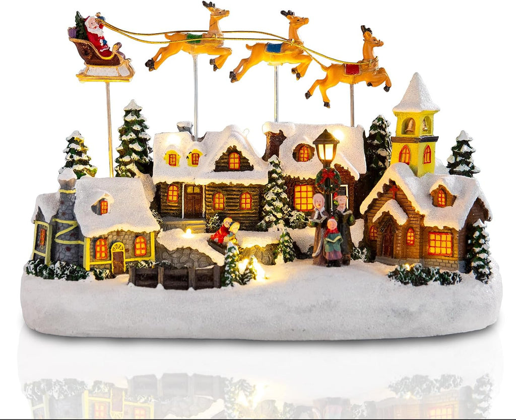 Christmas Village Lighted Decoration Musical Animated Display Christmas Collectible Santa Deer Battery Operated