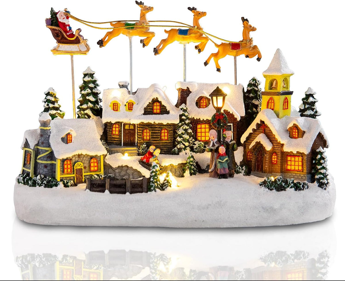 Christmas Village Lighted Decoration Musical Animated Display Christmas Collectible Santa Deer Battery Operated