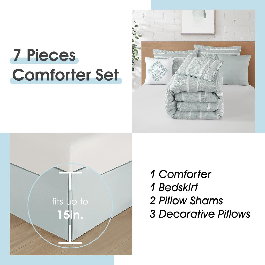 7 Piece Comforter Set, Dusty Green, Elegant Jacquard with Patchwork, Stylish and Cozy Bedding Collection