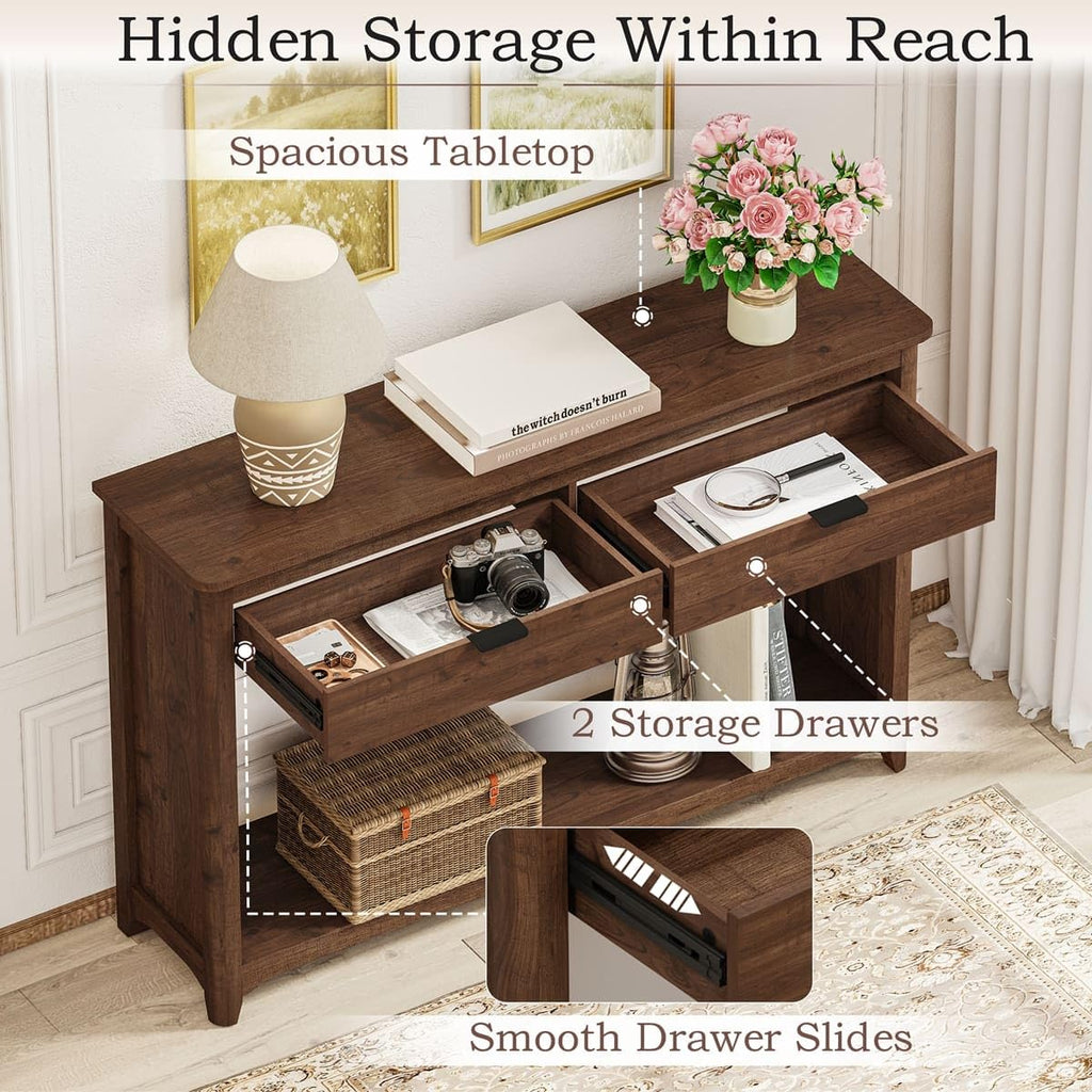 Entryway Table with 2 Drawers, 47 in Sofa Console Table, Rustic
