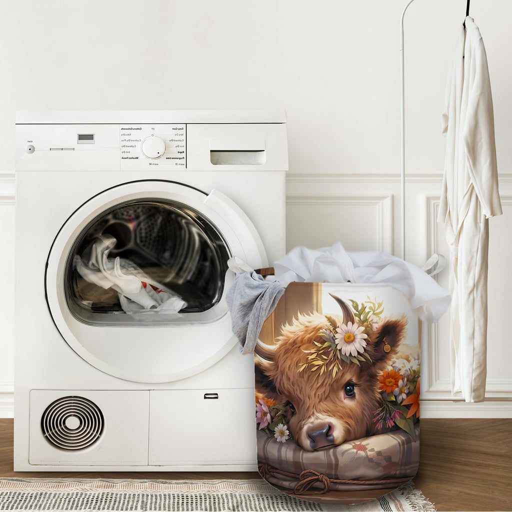 Highland Cow Laundry Basket, Farmhouse Floral Western Cow Waterproof Collapsible Laundry Hamper Dirty Clothes Storage