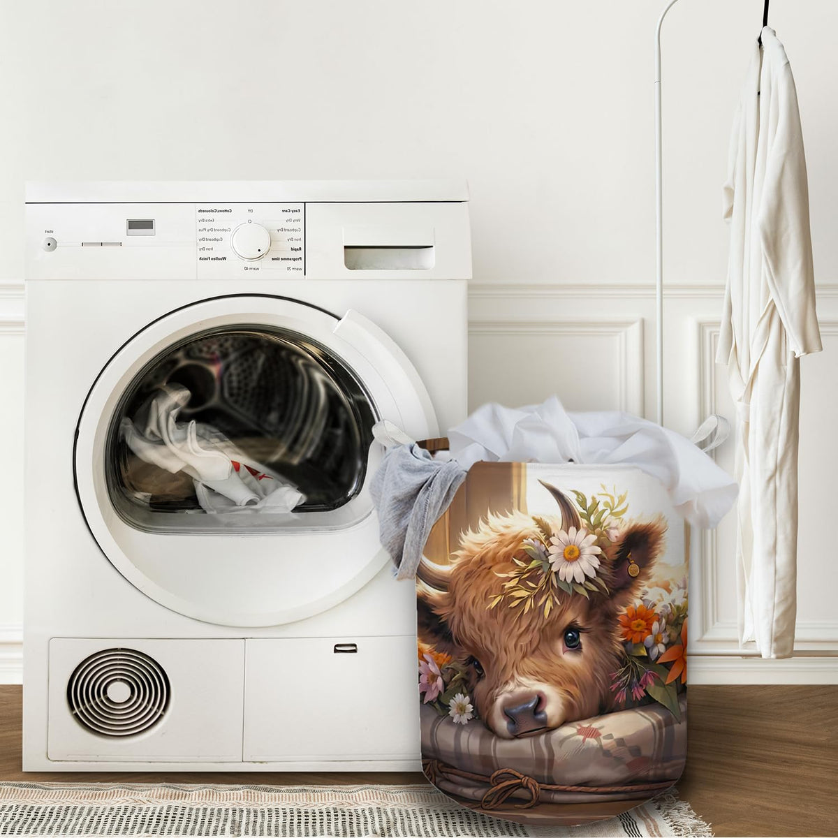 Highland Cow Laundry Basket, Farmhouse Floral Western Cow Waterproof Collapsible Laundry Hamper Dirty Clothes Storage